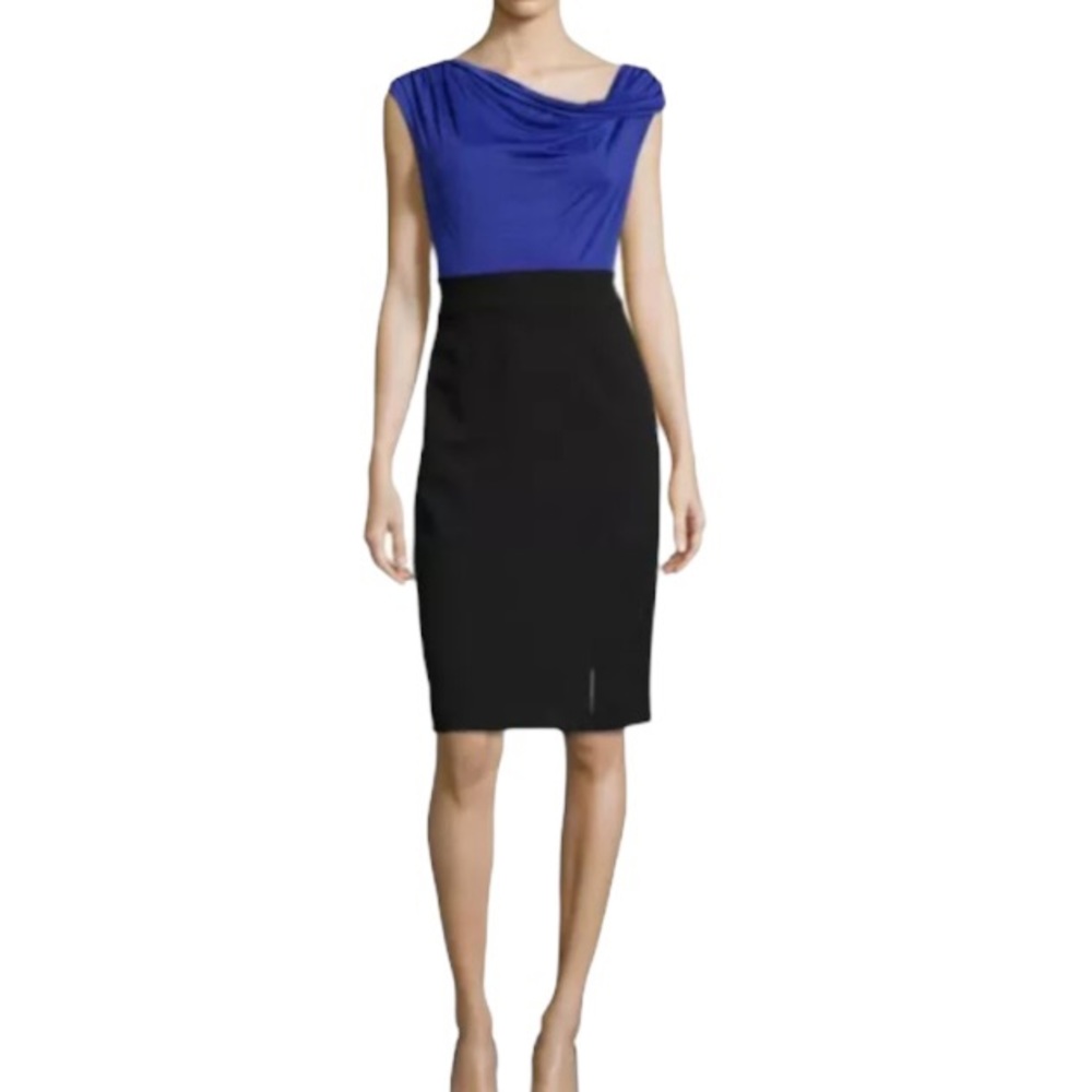 Laundry By Shelli Segal Drape Cowl Neck Color Block Dress Blue Black Career Wear
